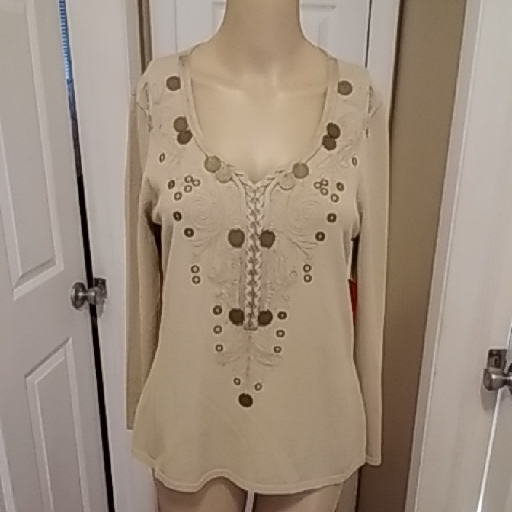 Anne Klein Beige Embroidered Blouse